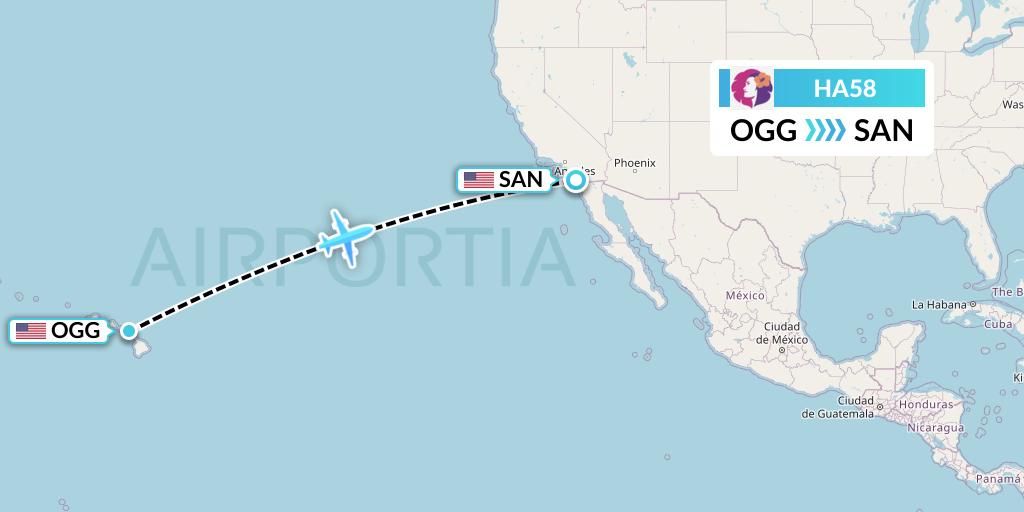 HA58 Hawaiian Airlines Flight Map: Kahului to San Diego