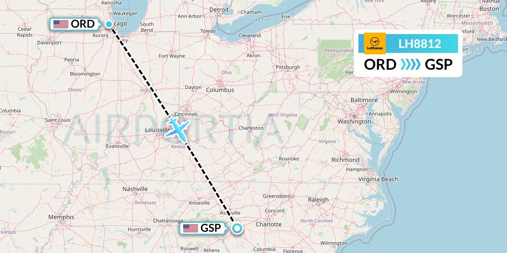 LH8812 Lufthansa Flight Map: Chicago to Greenville-Spartanburg