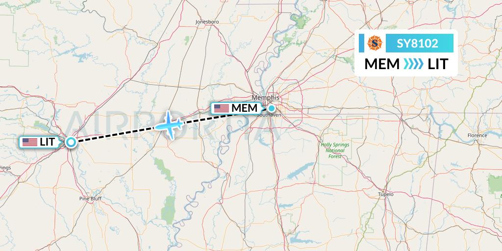 SY8102 Sun Country Airlines Flight Map: Memphis to Little Rock