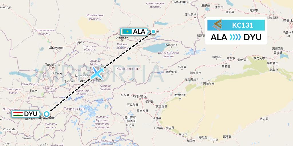 KC131 Air Astana Flight Map: Almaty to Dushanbe