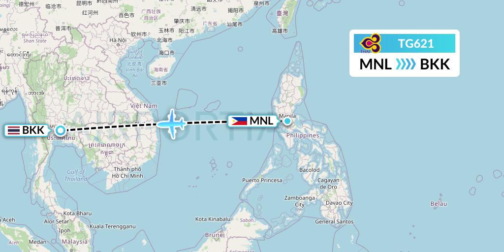TG621 Thai Airways Flight Map: Manila to Bangkok