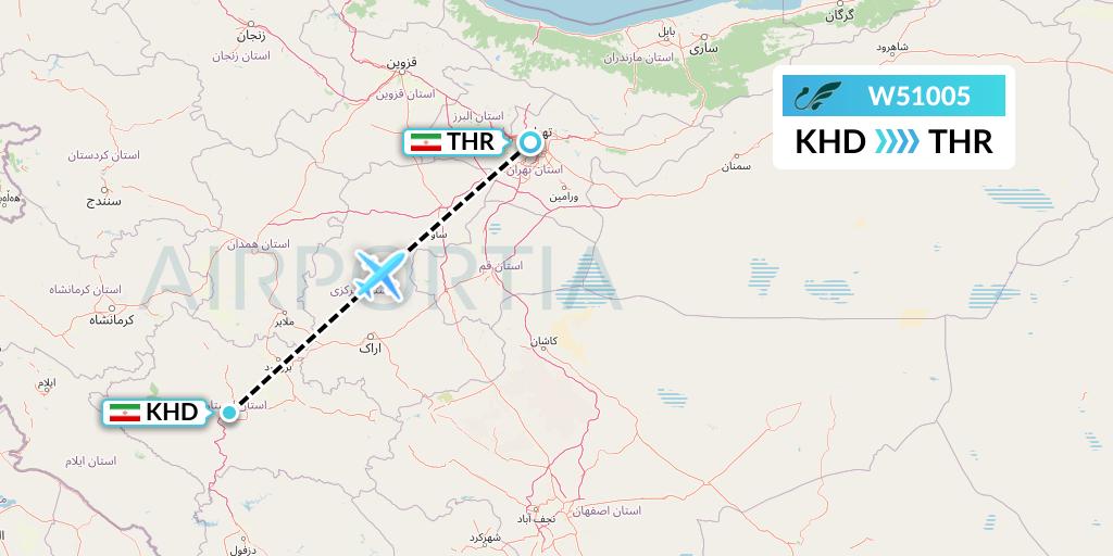 W51005 Mahan Air Flight Map: Khorramabad to Tehran