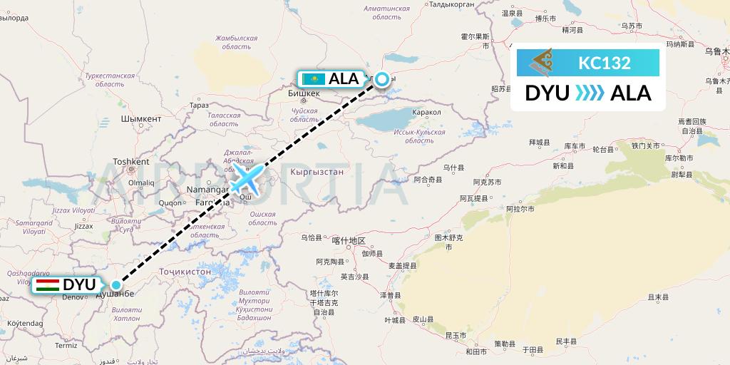 KC132 Air Astana Flight Map: Dushanbe to Almaty