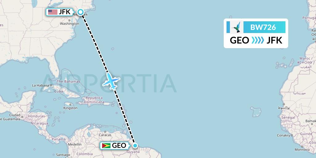 BW726 Caribbean Airlines Flight Map: Georgetown to New York