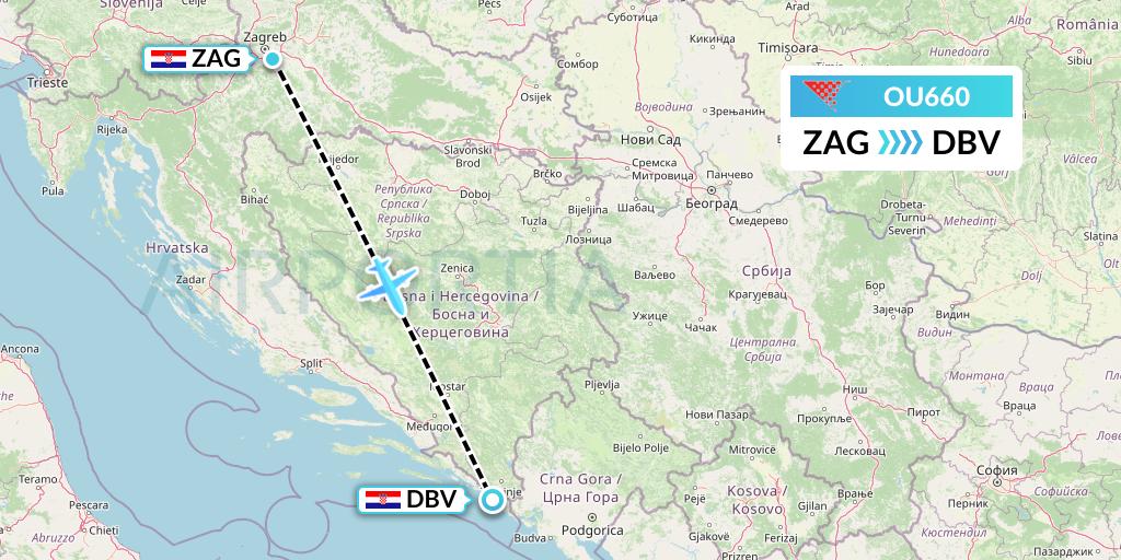 OU660 Croatia Airlines Flight Map: Zagreb to Dubrovnik