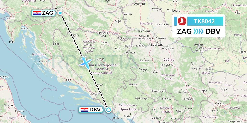 TK8042 Turkish Airlines Flight Map: Zagreb to Dubrovnik
