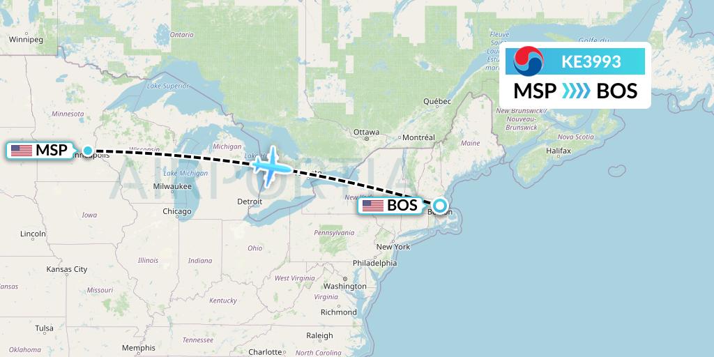 KE3993 Korean Air Flight Map: Minneapolis to Boston