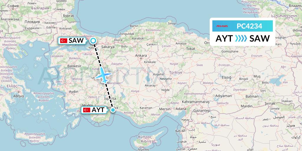 PC4234 Pegasus Airlines Flight Map: Antalya to Istanbul