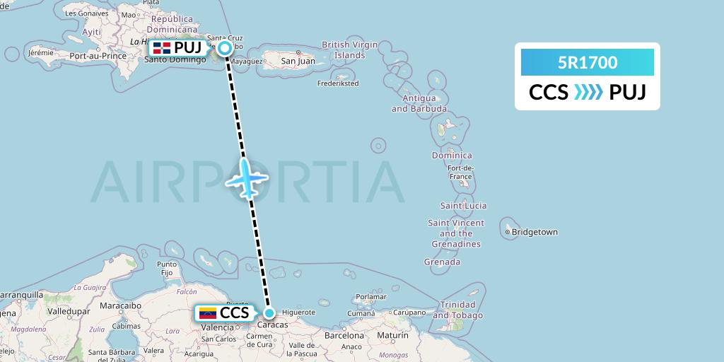5R1700 Rutaca Airlines Flight Map: Caracas to Punta Cana