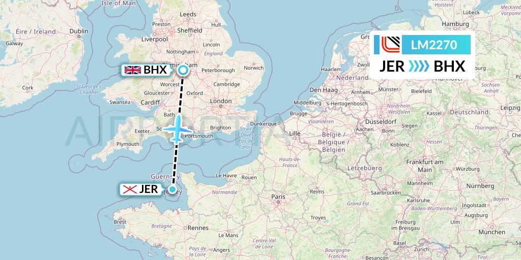 LM2270 Loganair Flight Map: Jersey to Birmingham