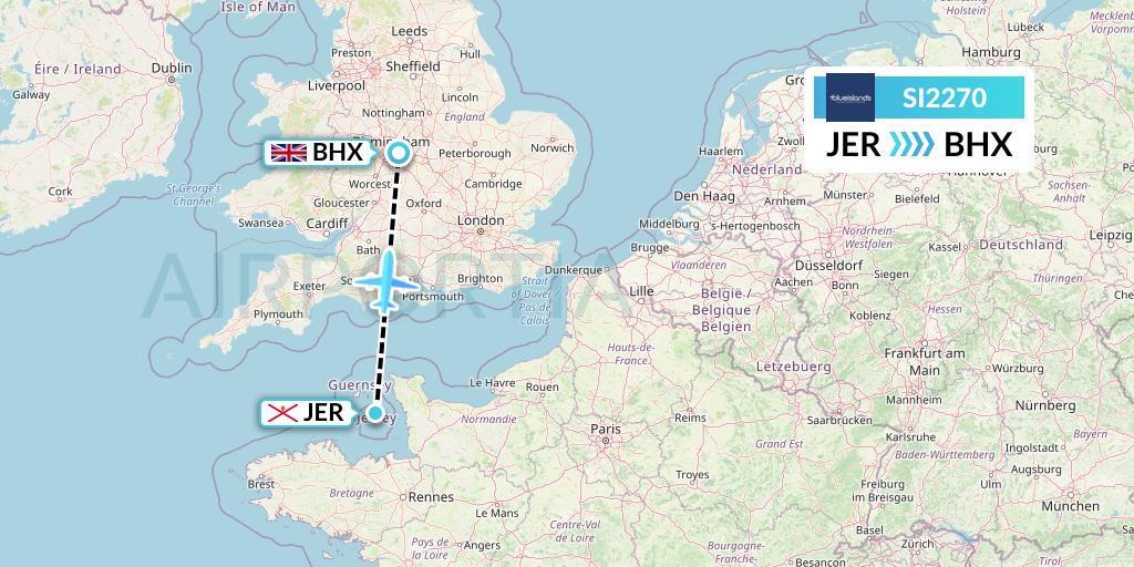 SI2270 Blue Islands Flight Map: Jersey to Birmingham