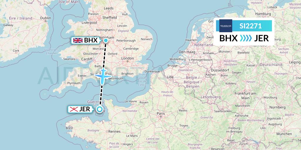 SI2271 Blue Islands Flight Map: Birmingham to Jersey