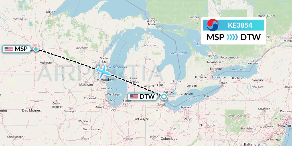 KE3854 Korean Air Flight Map: Minneapolis to Detroit