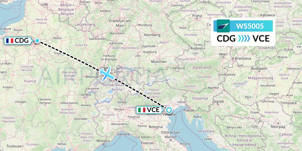 WS5005 WestJet Flight Map: Paris to Venice