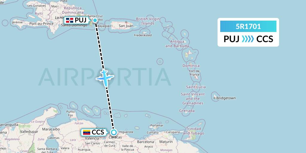 5R1701 Rutaca Airlines Flight Map: Punta Cana to Caracas