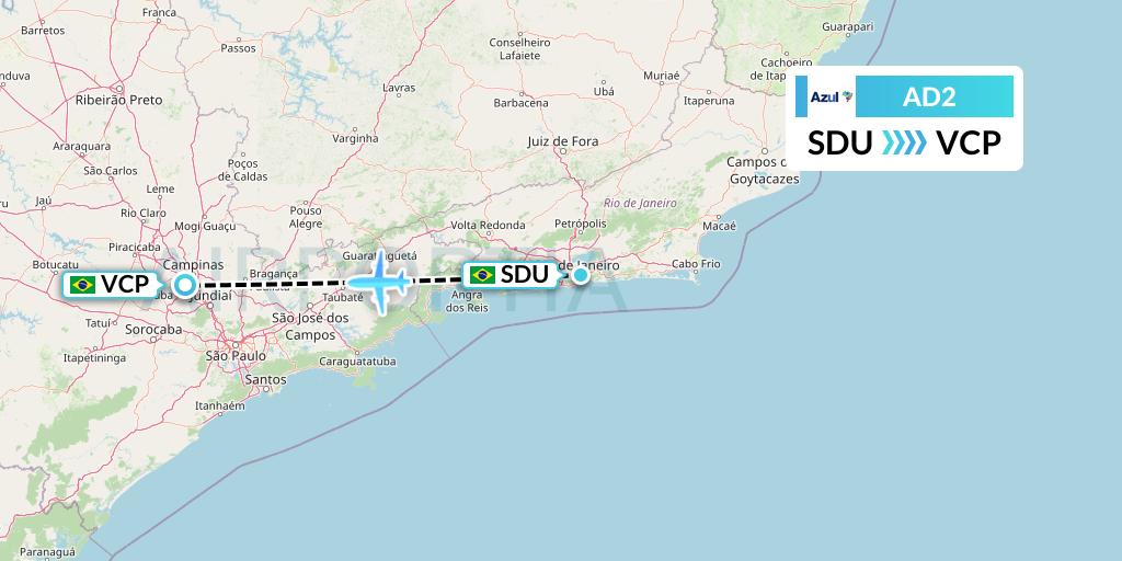 AD2 Azul Brazilian Airlines Flight Map: Rio de Janeiro to Campinas