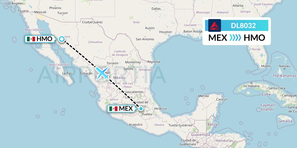 DL8032 Delta Air Lines Flight Map: Mexico City to Hermosillo