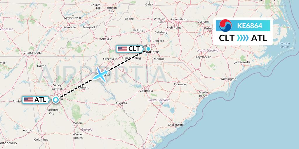 KE6864 Korean Air Flight Map: Charlotte to Atlanta
