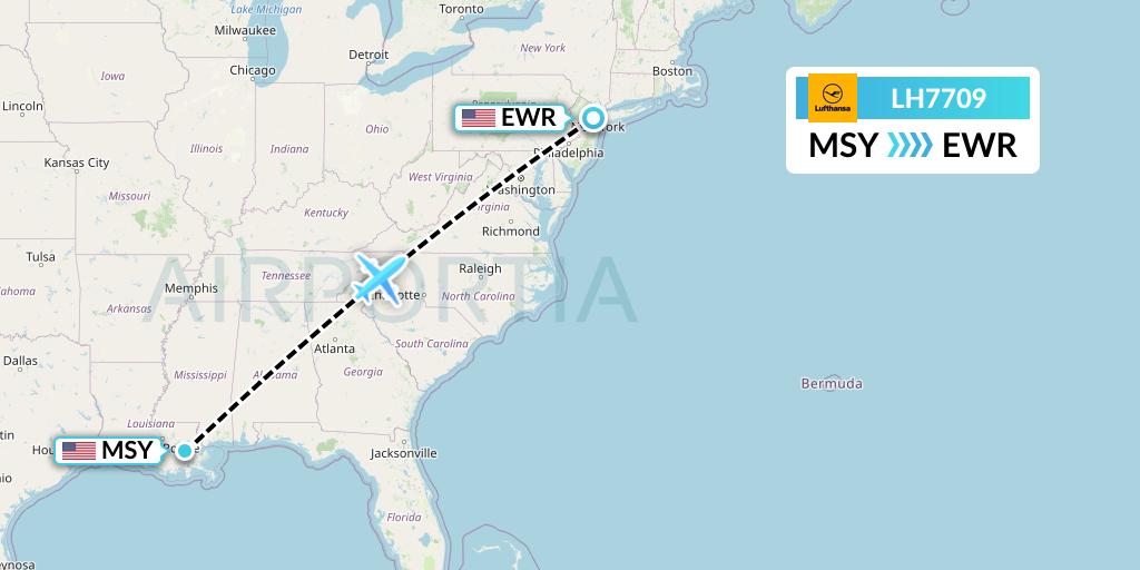 LH7709 Lufthansa Flight Map: New Orleans to New York