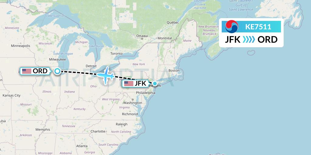 KE7511 Korean Air Flight Map: New York to Chicago
