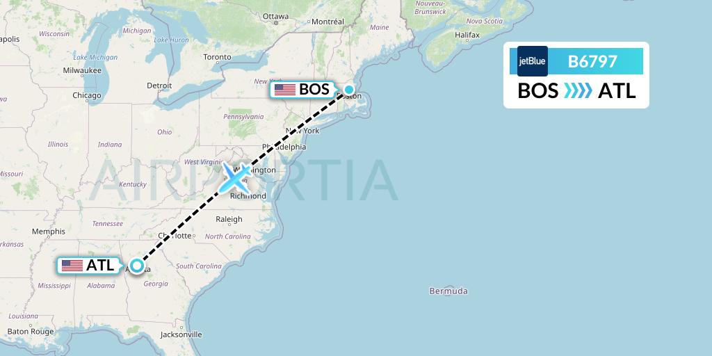 B6797 JetBlue Airways Flight Map: Boston to Atlanta