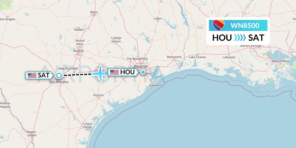 WN8500 Southwest Airlines Flight Map: Houston to San Antonio