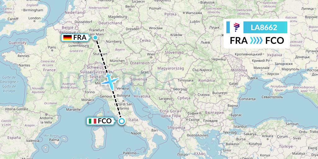 LA8662 LAN Airlines Flight Map: Frankfurt to Rome