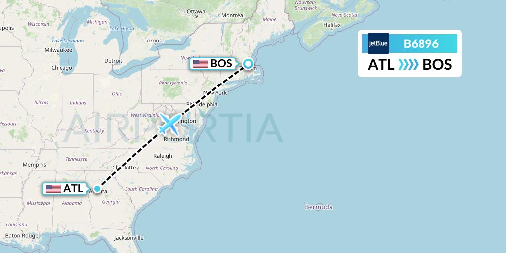 B6896 JetBlue Airways Flight Map: Atlanta to Boston