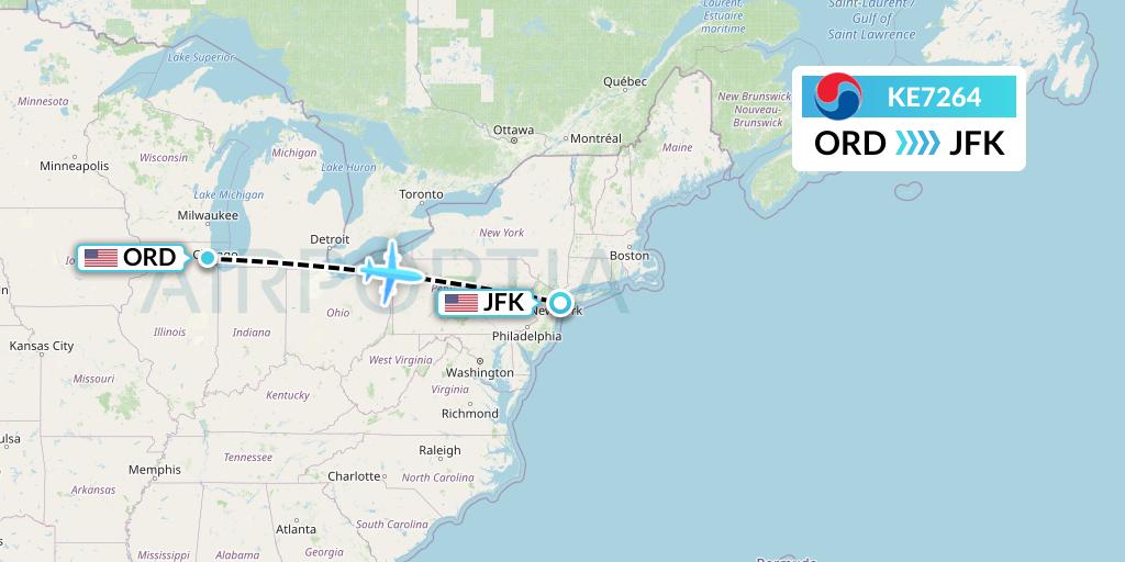 KE7264 Korean Air Flight Map: Chicago to New York