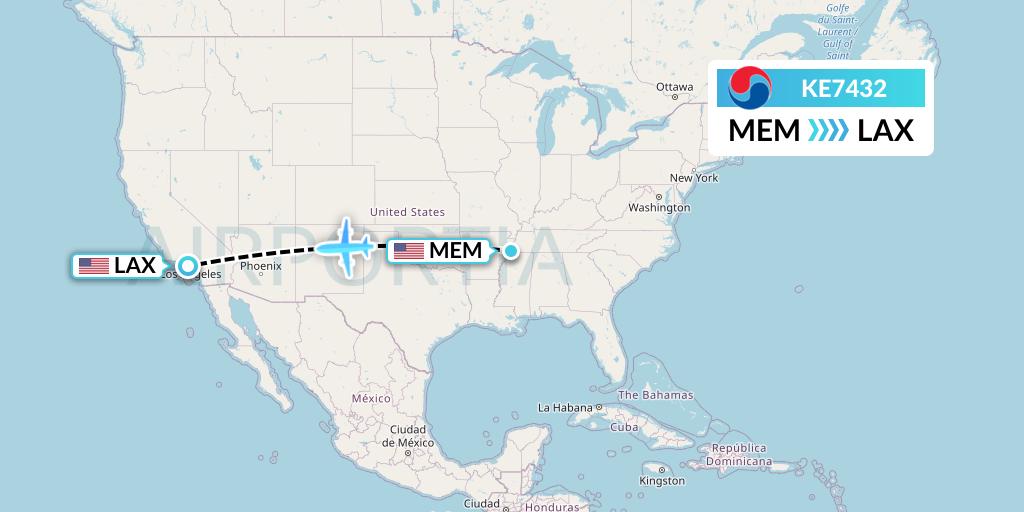 KE7432 Korean Air Flight Map: Memphis to Los Angeles