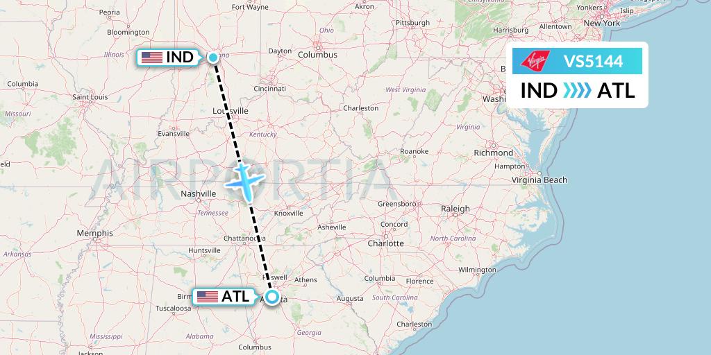 VS5144 Virgin Atlantic Airways Flight Map: Indianapolis to Atlanta