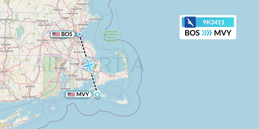 9K3411 Cape Air Flight Map: Boston to Martha's Vineyard