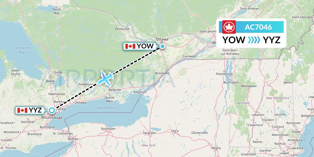 AC7046 Air Canada Flight Map: Ottawa to Toronto