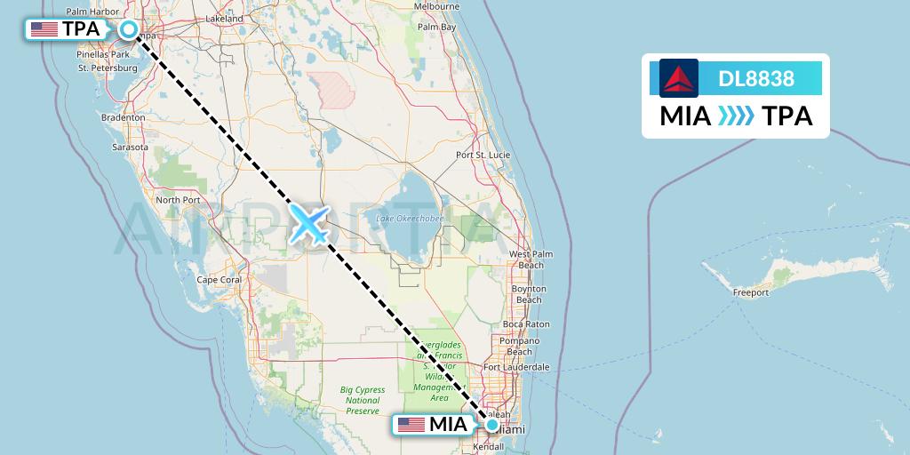 DL8838 Delta Air Lines Flight Map: Miami to Tampa