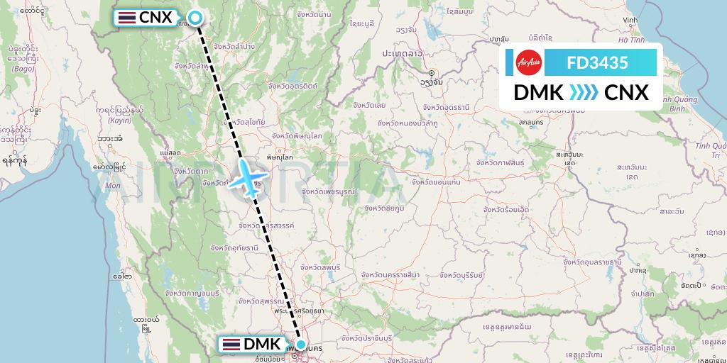 FD3435 Thai AirAsia Flight Map: Bangkok to Chiang Mai