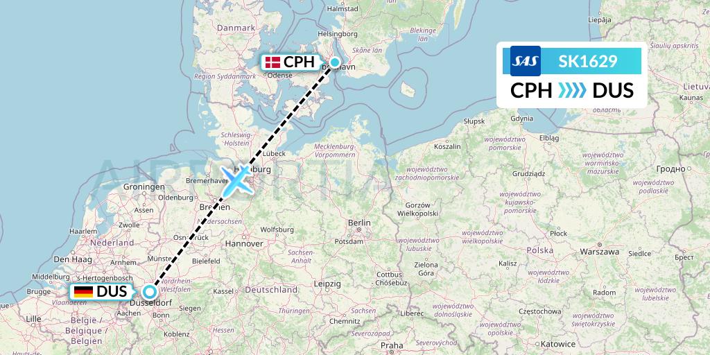 SK1629 SAS Flight Map: Copenhagen to Dusseldorf