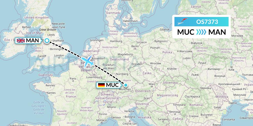 OS7373 Austrian Airlines Flight Map: Munich to Manchester