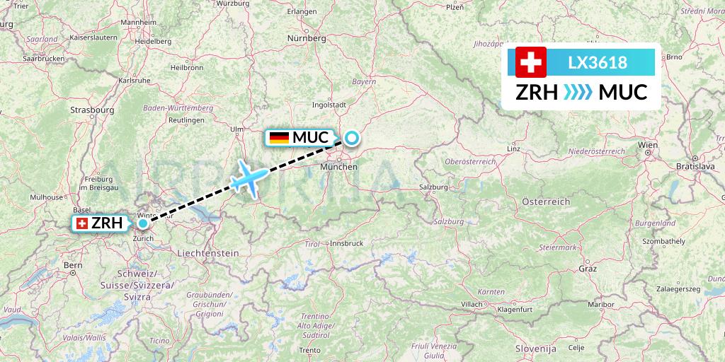 LX3618 Swiss Flight Map: Zurich to Munich