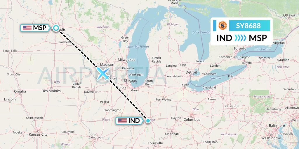SY8688 Sun Country Airlines Flight Map: Indianapolis to Minneapolis