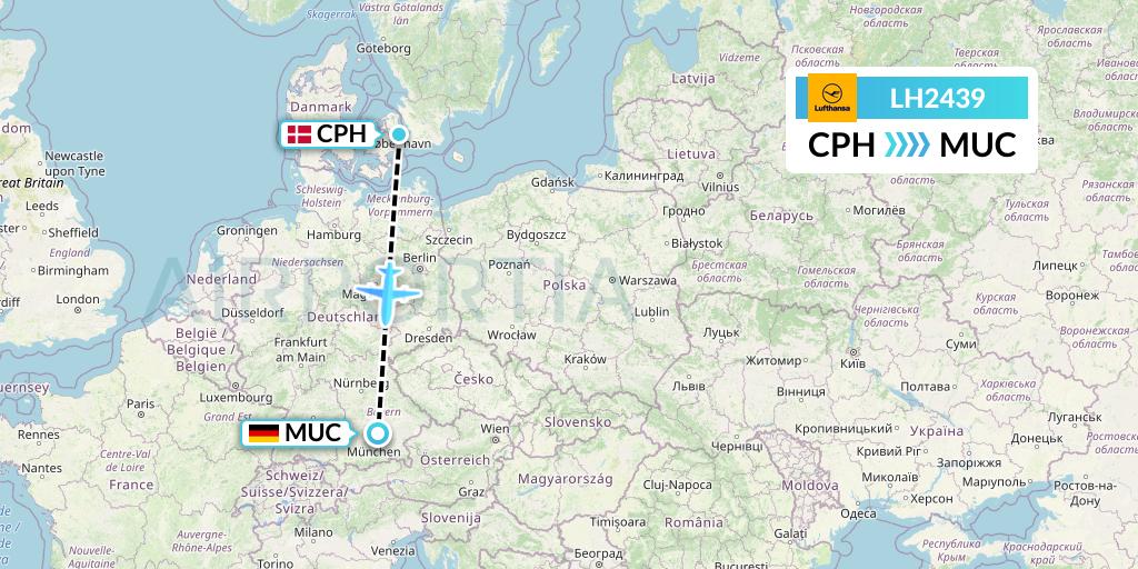 LH2439 Lufthansa Flight Map: Copenhagen to Munich