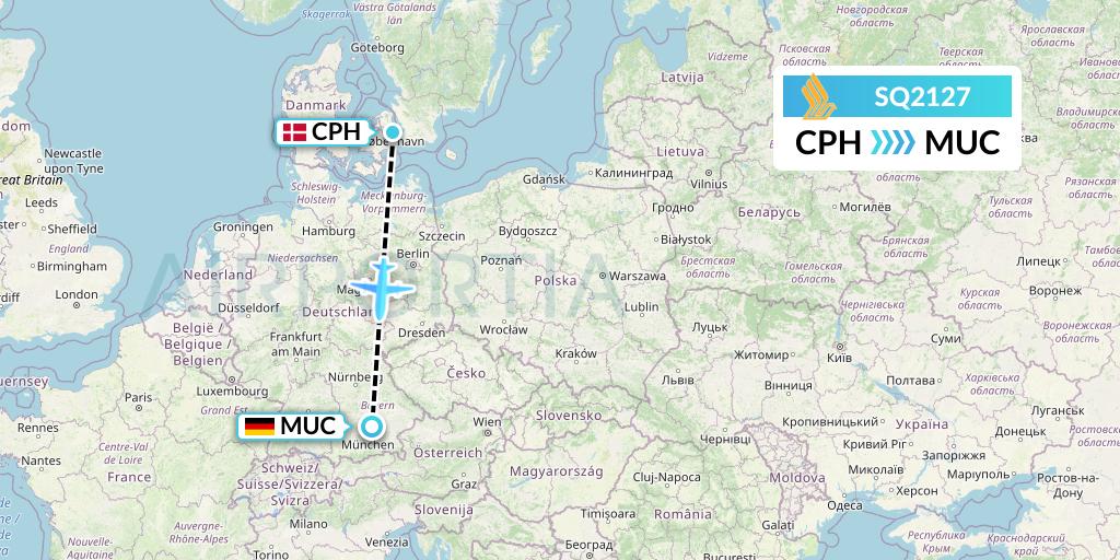 SQ2127 Singapore Airlines Flight Map: Copenhagen to Munich