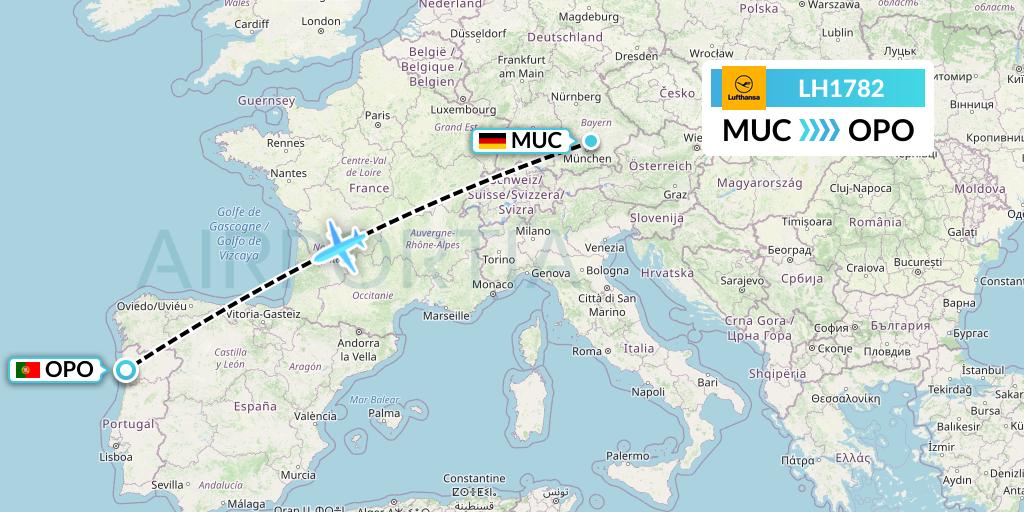 LH1782 Lufthansa Flight Map: Munich to Porto