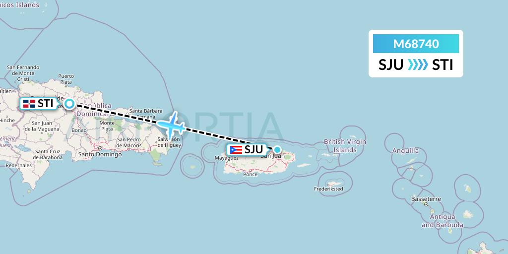 M68740 Amerijet International Flight Map: San Juan to Santiago de los Caballeros