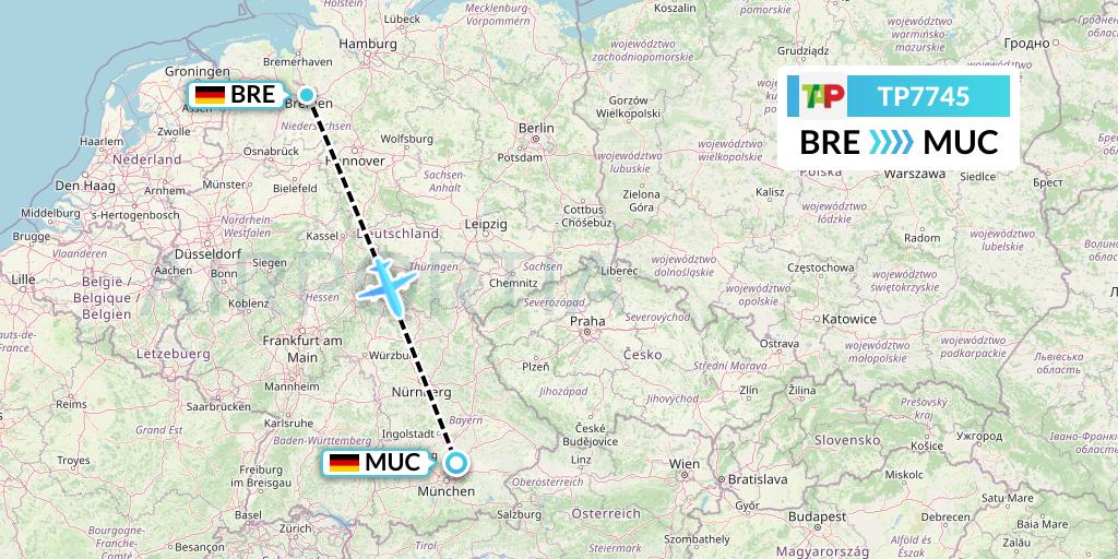 TP7745 TAP Portugal Flight Map: Bremen to Munich