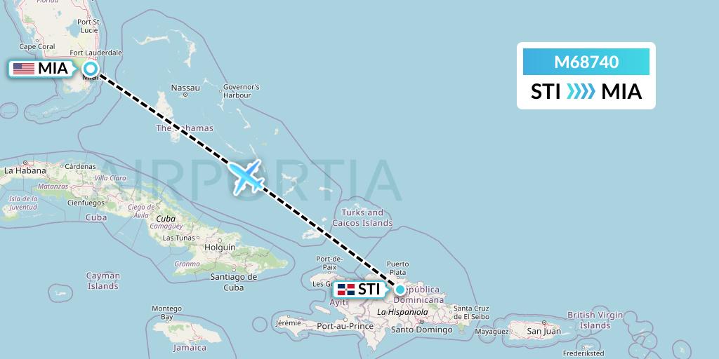 M68740 Amerijet International Flight Map: Santiago de los Caballeros to Miami