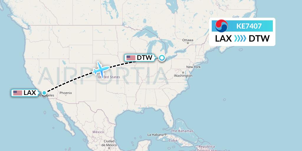 KE7407 Korean Air Flight Map: Los Angeles to Detroit