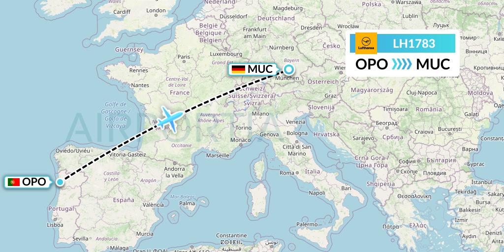 LH1783 Lufthansa Flight Map: Porto to Munich