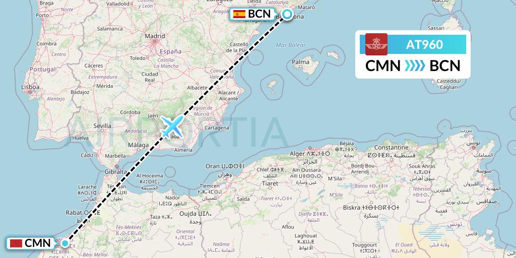 AT960 Royal Air Maroc Flight Map: Casablanca to Barcelona
