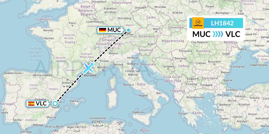 LH1842 Lufthansa Flight Map: Munich to Valencia