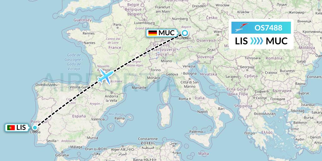 OS7488 Austrian Airlines Flight Map: Lisbon to Munich